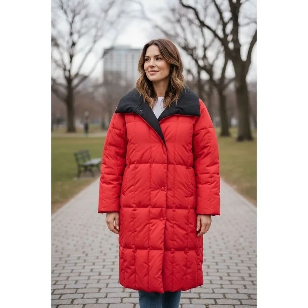 Bill Blass Red Quilted Down Fill Puffer Coat Size 6 Warm Winter Jacket Black Col